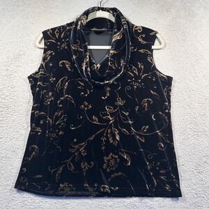 Vintage Kathie Lee Collection Black Velvet Floral Sleeveless Cowl‎ Neck Top